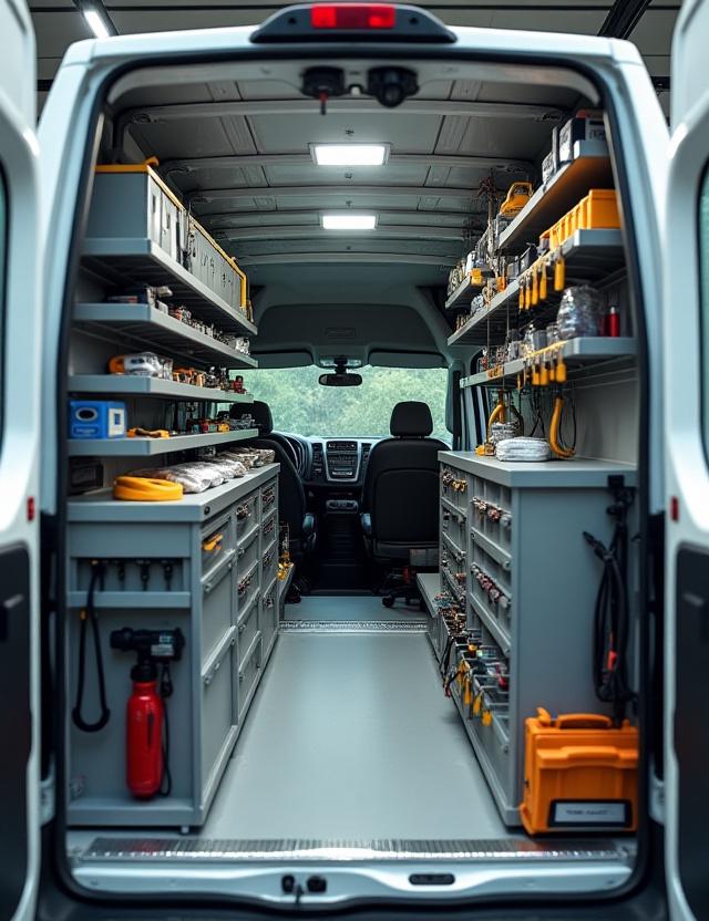 Organized commercial van interior with custom shelving and bins